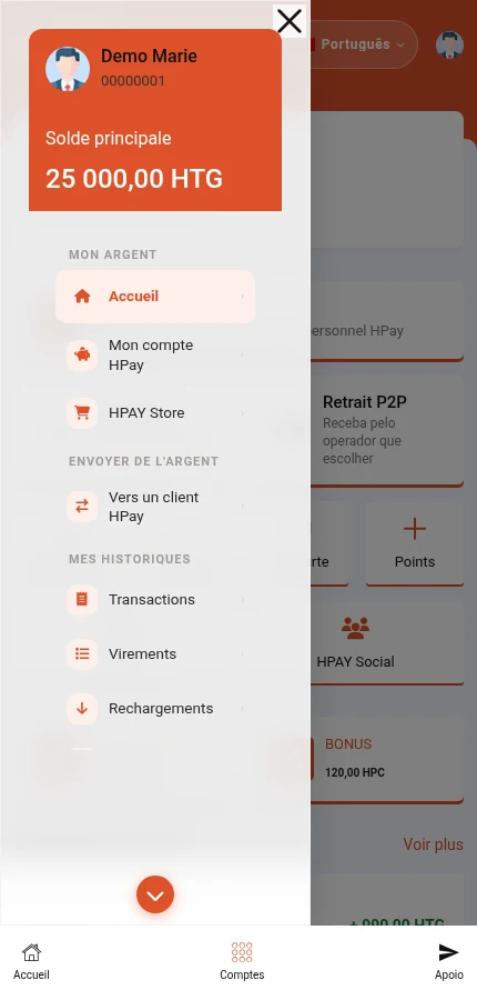 Identifique: ⁨« Mon compte HPay »⁩ · ⁨« Vers un client HPay »⁩. É o topo do menu aberto. As outras opções, incluindo terminar sessão, estão mais abaixo.