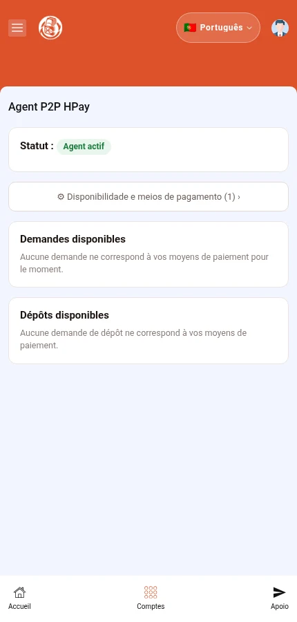 Identifique: ⁨« Disponibilidade e meios de pagamento »⁩. O agente está ativo, mas não há pedidos disponíveis neste exemplo.