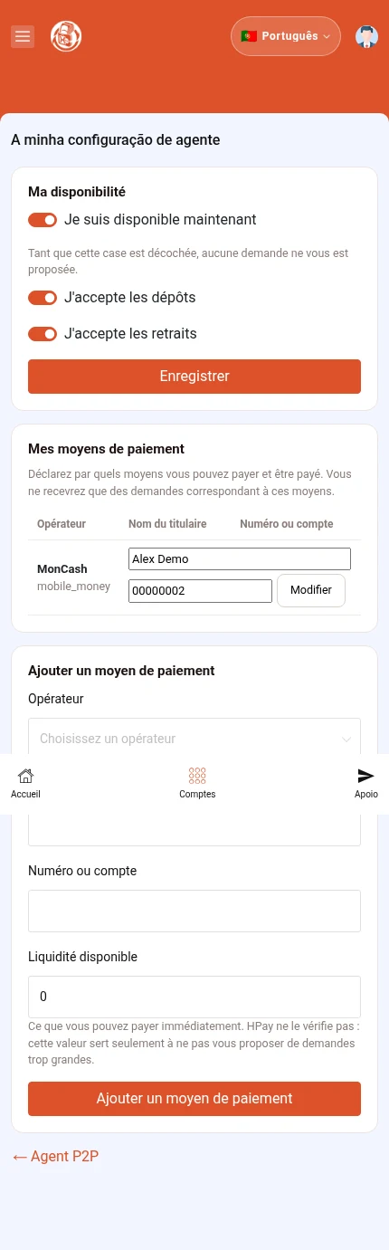 Identifique: ⁨« Enregistrer »⁩ · ⁨« Ajouter un moyen de paiement »⁩. A disponibilidade é definida no topo; os métodos de pagamento, nas secções seguintes.