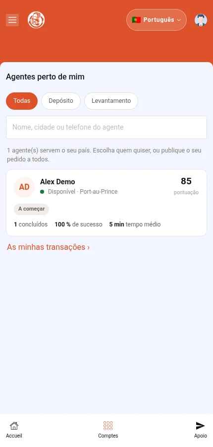 Identifique: ⁨« Agentes perto de mim »⁩. A pesquisa fica acima do agente fictício. Toque no cartão para abrir a ficha.
