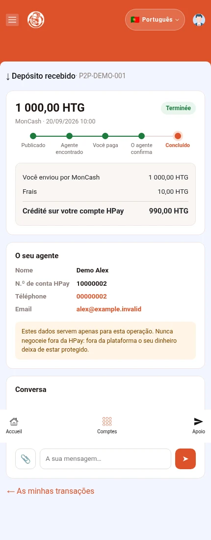 Identifique: ⁨« Conversa »⁩. O exemplo mostra um depósito concluído. Os botões de uma operação pendente são diferentes.