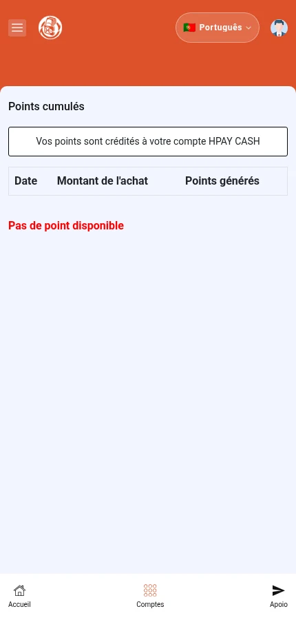 Identifique: ⁨« Date »⁩ · ⁨« Montant de l'achat »⁩ · ⁨« Points générés »⁩. A conta de demonstração não tem entradas nesta lista.