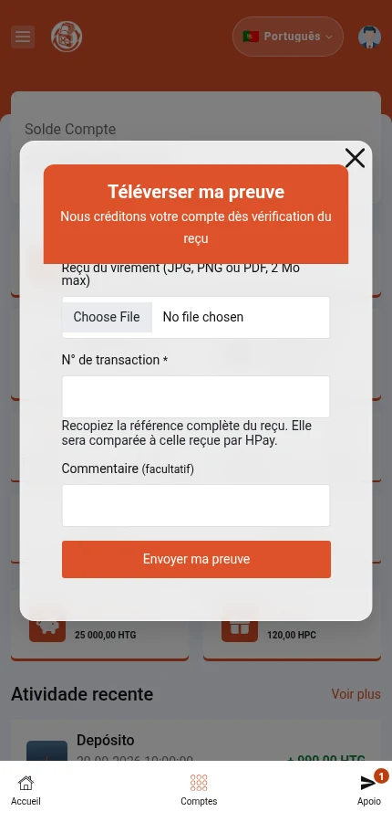 A parte inferior do formulário mostra a referência da transação, o comentário e ⁨« Envoyer ma preuve »⁩. Anexe o seu próprio comprovativo e preencha os campos obrigatórios antes de enviar.
