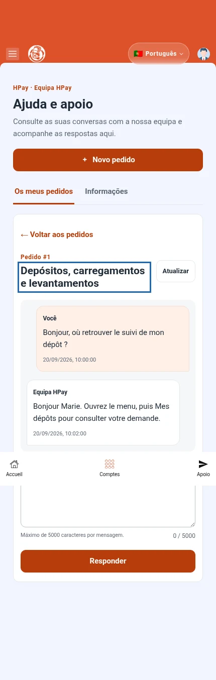 Identifique: ⁨« Responder »⁩. Os balões mostram mensagens fictícias e as datas. O campo de resposta fica abaixo.