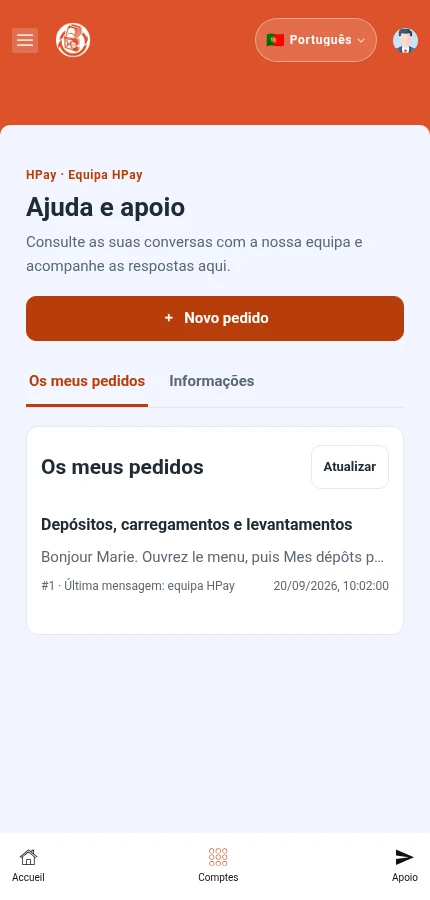 Identifique: ⁨« Os meus pedidos »⁩ · ⁨« Novo pedido »⁩. A lista contém um pedido de exemplo. Toque num pedido para abrir a conversa.